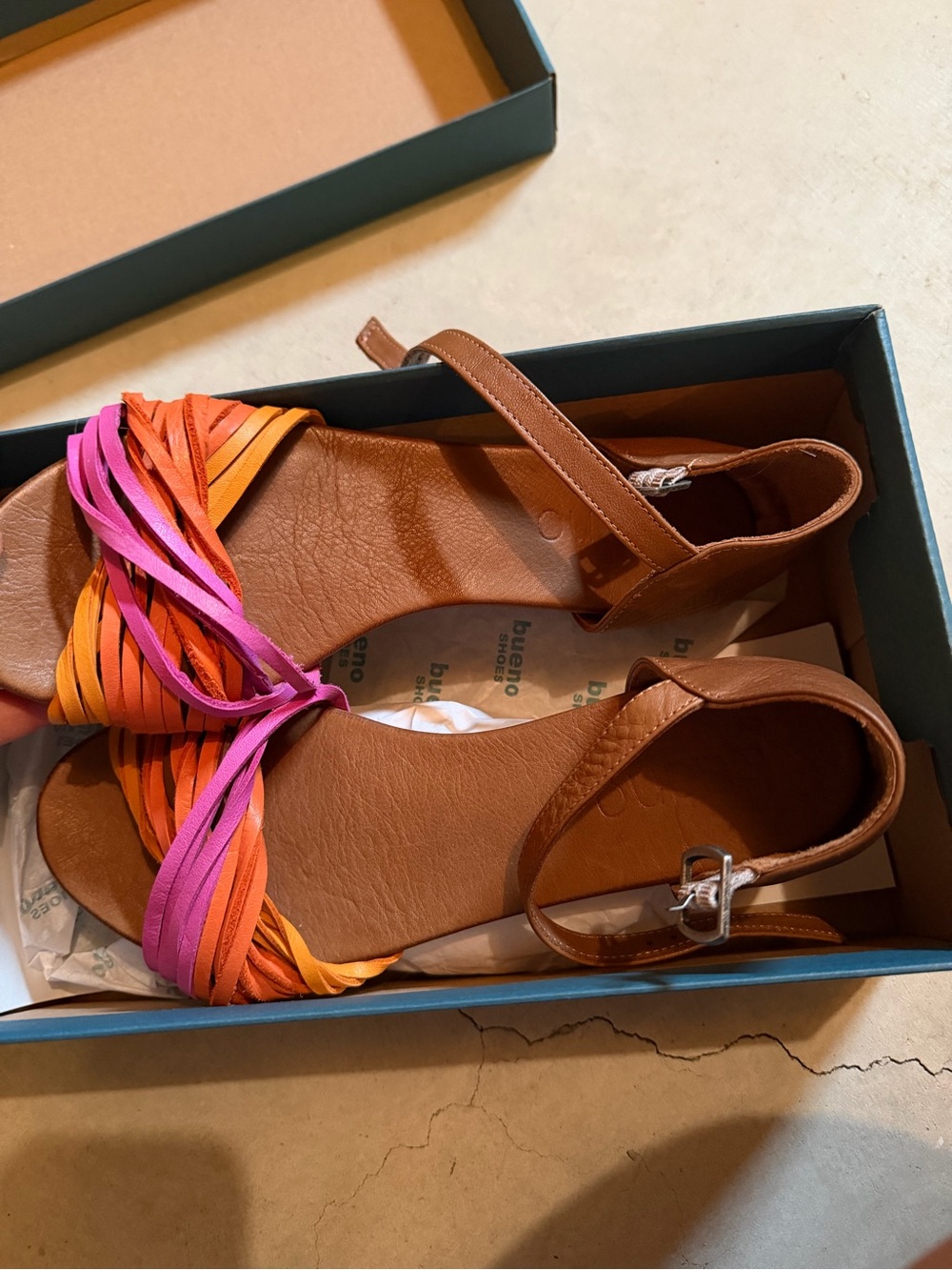 BUENO Women's Brown Sandals with Pink & Orange Braided Straps